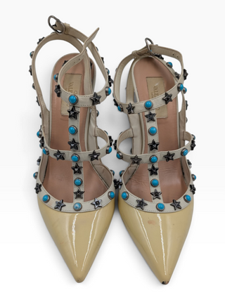 Yellow Rockstud Accents Patent Leather T-Strap Pumps