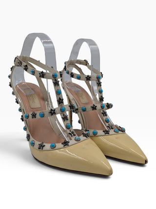 Yellow Rockstud Accents Patent Leather T-Strap Pumps
