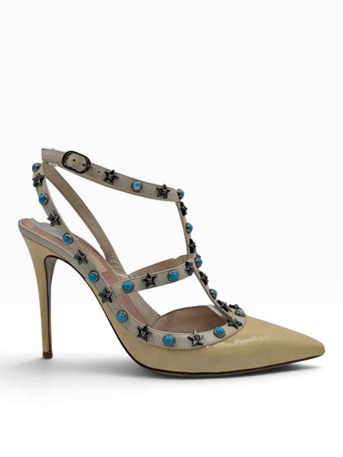 Yellow Rockstud Accents Patent Leather T-Strap Pumps