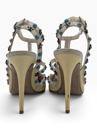 Yellow Rockstud Accents Patent Leather T-Strap Pumps