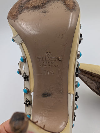 Yellow Rockstud Accents Patent Leather T-Strap Pumps