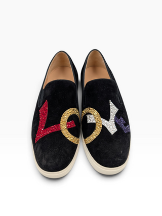 Black "Love" Suede Slip Ons Sneakers