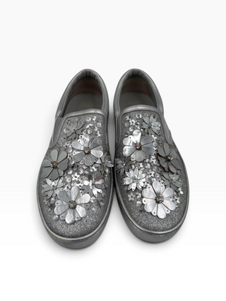 Metallic Silver Glitter Leather Dior Happy Floral Embellished Slip On Sneakers