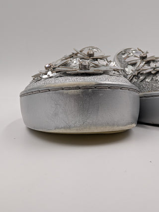 Metallic Silver Glitter Leather Dior Happy Floral Embellished Slip On Sneakers