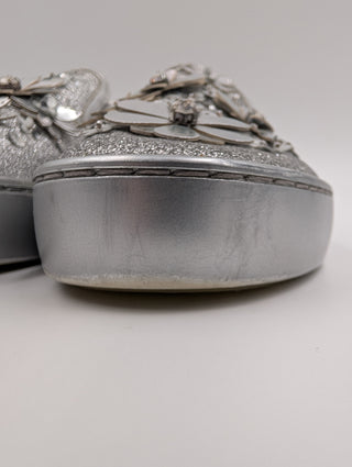 Metallic Silver Glitter Leather Dior Happy Floral Embellished Slip On Sneakers
