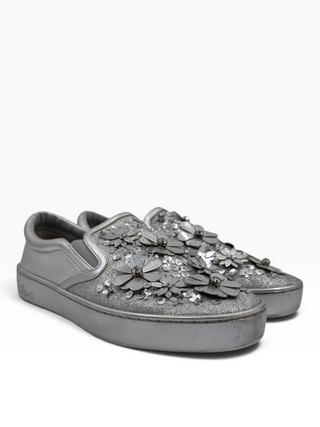 Metallic Silver Glitter Leather Dior Happy Floral Embellished Slip On Sneakers