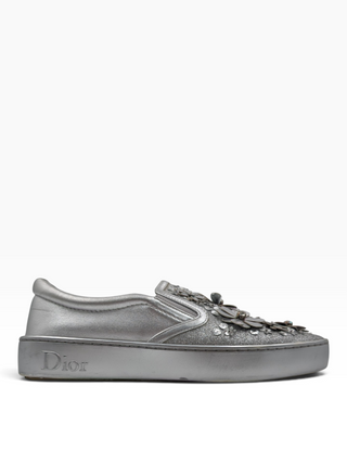 Metallic Silver Glitter Leather Dior Happy Floral Embellished Slip On Sneakers
