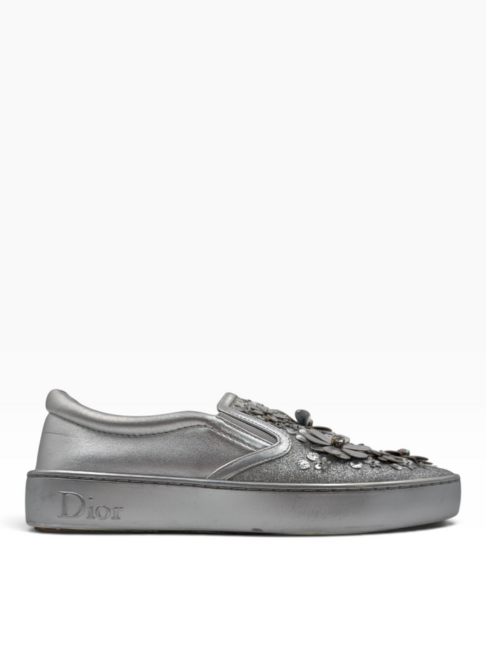 Metallic Silver Glitter Leather Dior Happy Floral Embellished Slip On Sneakers