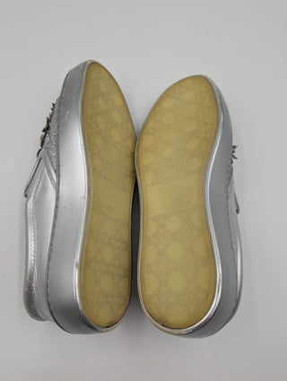 Metallic Silver Glitter Leather Dior Happy Floral Embellished Slip On Sneakers