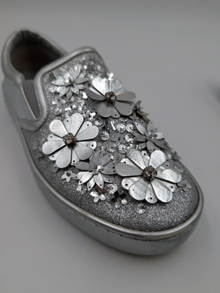 Metallic Silver Glitter Leather Dior Happy Floral Embellished Slip On Sneakers