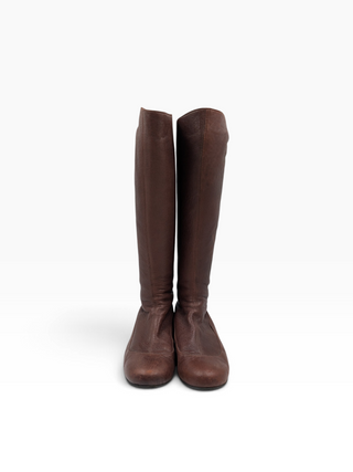 Brown Leather Flat High Boots With Zipper