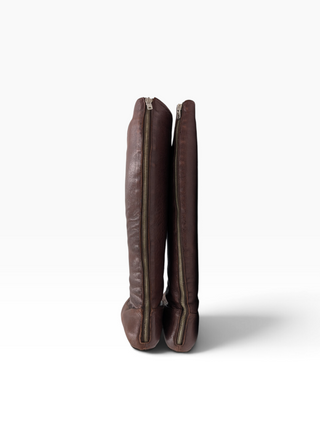 Brown Leather Flat High Boots With Zipper