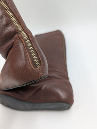 Brown Leather Flat High Boots With Zipper
