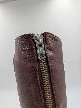 Brown Leather Flat High Boots With Zipper