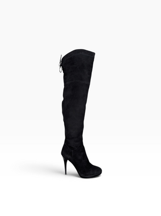 Black Suede Knee High Boots With Laces At The Back