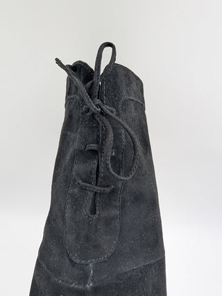 Black Suede Knee High Boots With Laces At The Back