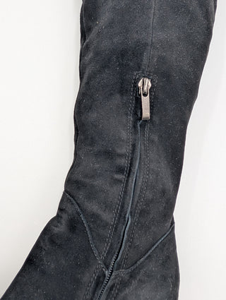 Black Suede Knee High Boots With Laces At The Back