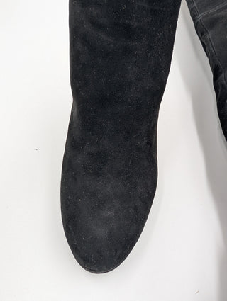 Black Suede Knee High Boots With Laces At The Back