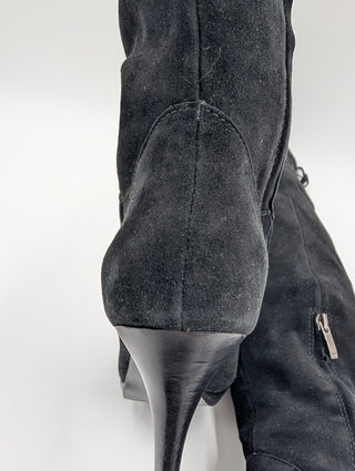 Black Suede Knee High Boots With Laces At The Back