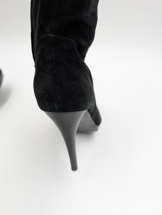 Black Suede Knee High Boots With Laces At The Back