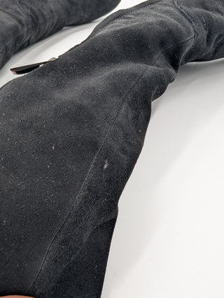 Black Suede Knee High Boots With Laces At The Back