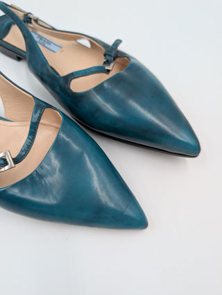 Emerald Green Leather Flat Pumps With Buckle