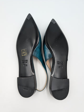 Emerald Green Leather Flat Pumps With Buckle