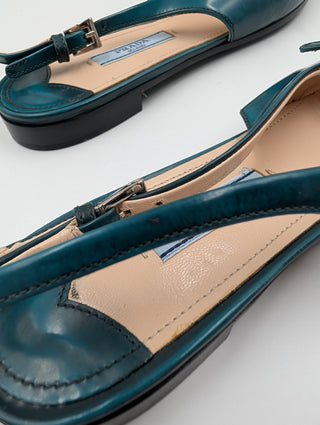 Emerald Green Leather Flat Pumps With Buckle