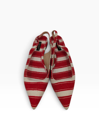 Canvas Red And White Striped Flats With Ankle Buckle