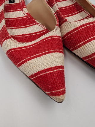 Canvas Red And White Striped Flats With Ankle Buckle