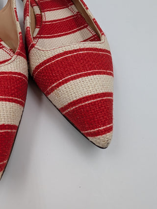 Canvas Red And White Striped Flats With Ankle Buckle