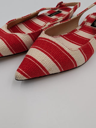 Canvas Red And White Striped Flats With Ankle Buckle