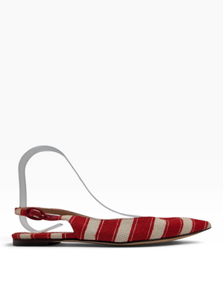 Canvas Red And White Striped Flats With Ankle Buckle