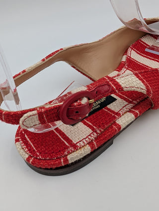 Canvas Red And White Striped Flats With Ankle Buckle