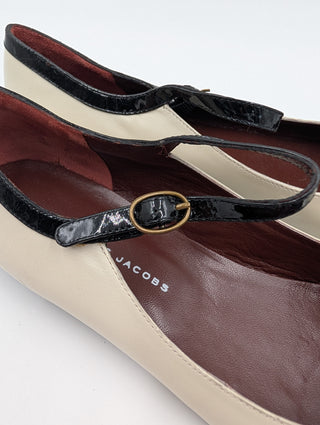 Beige Leather Flat Pumps With Strap