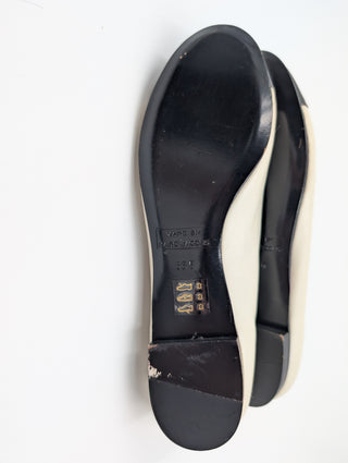 Beige Leather Flat Pumps With Strap