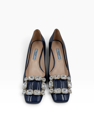 Blue Patent Leather Heels With Crystal Buckle