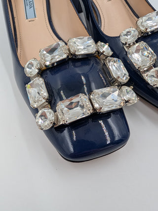 Blue Patent Leather Heels With Crystal Buckle