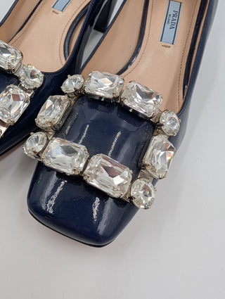 Blue Patent Leather Heels With Crystal Buckle