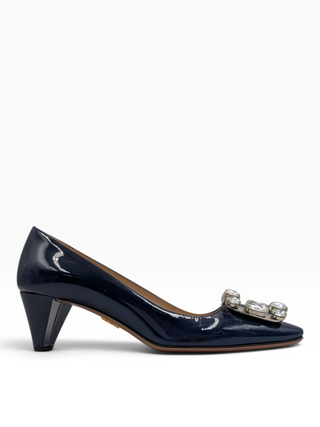 Blue Patent Leather Heels With Crystal Buckle