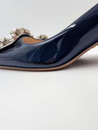 Blue Patent Leather Heels With Crystal Buckle