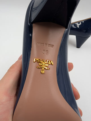 Blue Patent Leather Heels With Crystal Buckle