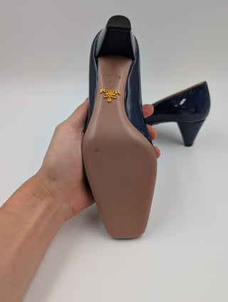 Blue Patent Leather Heels With Crystal Buckle