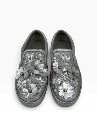 Silver Metallic Glitter Leather Dior Happy Floral Embellished Slip On Sneakers