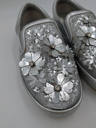 Silver Metallic Glitter Leather Dior Happy Floral Embellished Slip On Sneakers