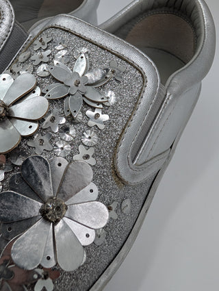Silver Metallic Glitter Leather Dior Happy Floral Embellished Slip On Sneakers