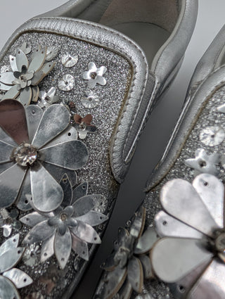 Silver Metallic Glitter Leather Dior Happy Floral Embellished Slip On Sneakers