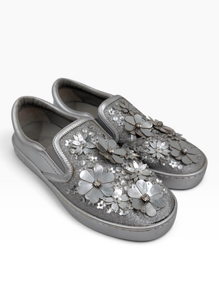 Silver Metallic Glitter Leather Dior Happy Floral Embellished Slip On Sneakers