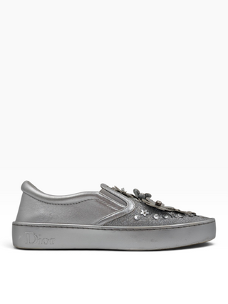 Silver Metallic Glitter Leather Dior Happy Floral Embellished Slip On Sneakers