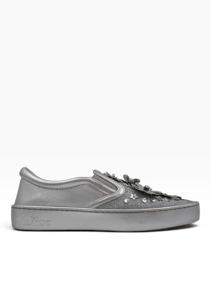 Silver Metallic Glitter Leather Dior Happy Floral Embellished Slip On Sneakers